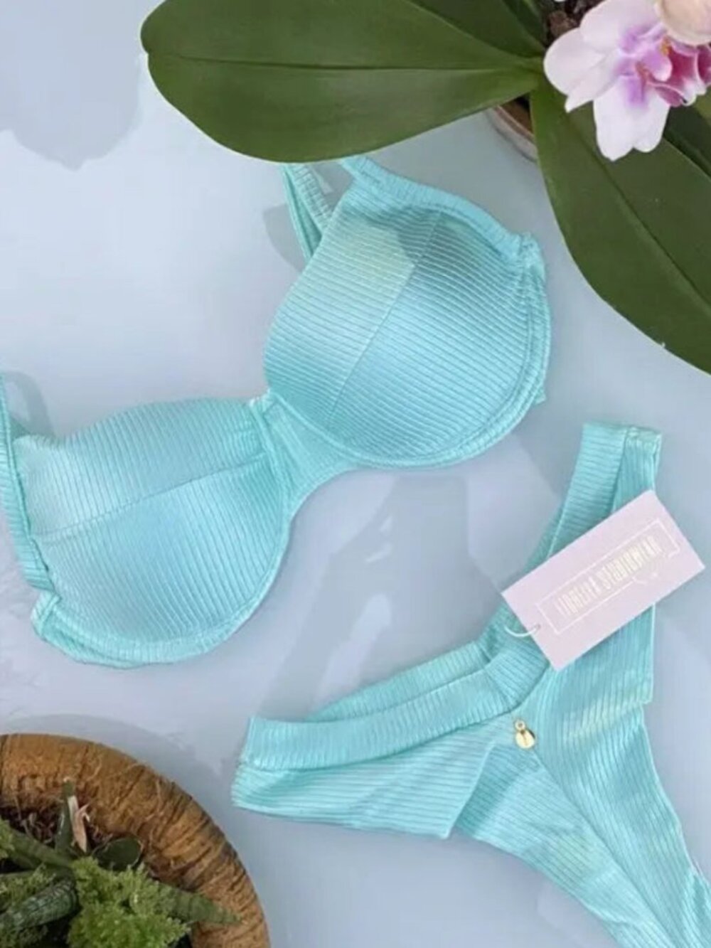 Aqua Ribbed Brazilian Bikini Set | Underwire Swimwear